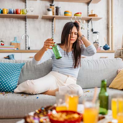 Woman sitting on sofa with alcohol bottle in hand suffering from Gray Area Drinking